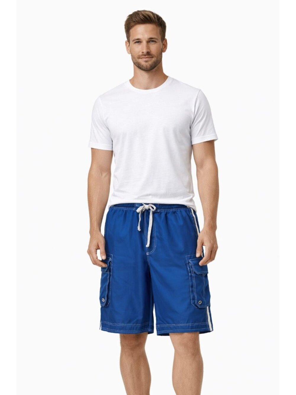 Unbranded Short Mens Size 40 Blue White Side Stripes Cargo Pockets Elastic Waist